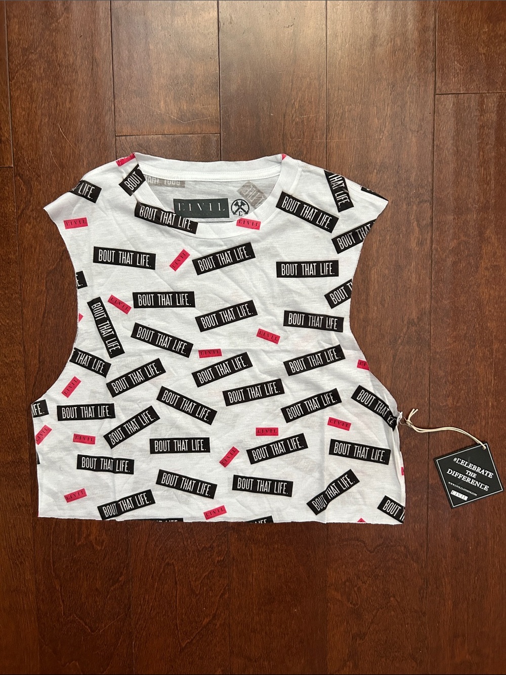 Civil Women’s Graphic 'Bout That Life' White Crop Muscle Tank, Size Large, NWT